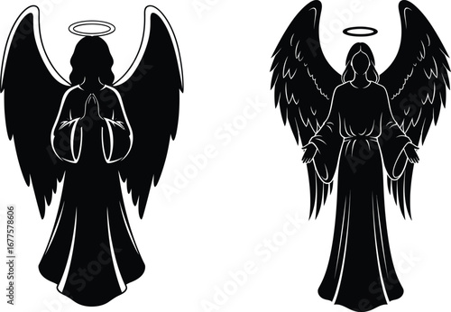 Angel silhouettes with glowing halos in praying and standing poses black vector illustration
