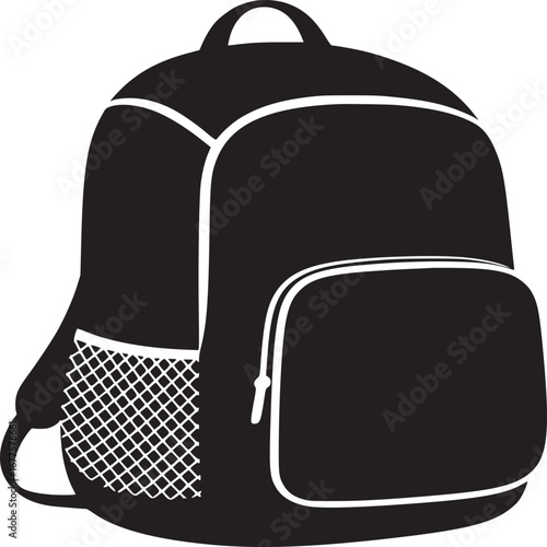 A black and white graphic illustration of a backpack with a side pocket and a mesh water bottle holder