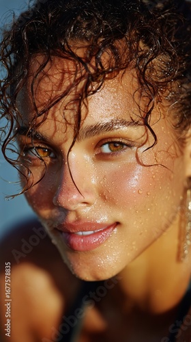 Close-up of a Young Woman With Water Droplets on Her Face During a Sunny Outd...