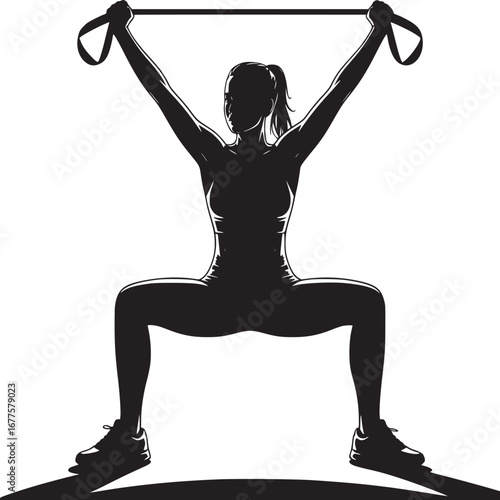 Silhouette of woman doing squats with resistance band above head in black and white illustration