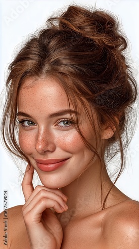 Young Woman With Freckles Smiling and Posing Softly in Front of a Neutral Bac...