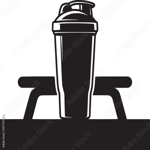 A black and white graphic of a protein shaker bottle sitting on a bench in a minimalist style