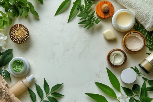 Natural Beauty Products Arranged on a White Surface With Greenery for a Refre...