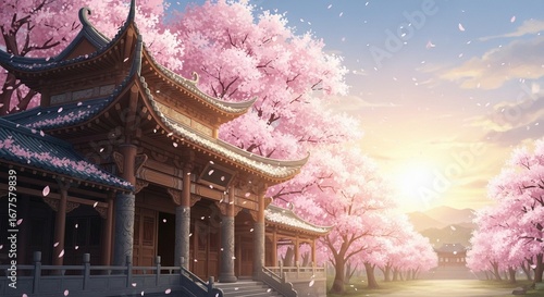 Serene Japanese temple with blooming cherry blossoms and falling petals at sunset.