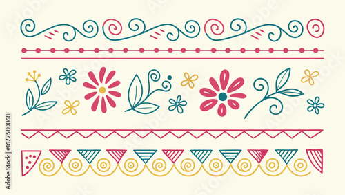 Colorful Hand-Drawn Decorative Borders and Dividers Set, Cute Doodle Sketch Style Vector Ornament Collection for Frames and Design