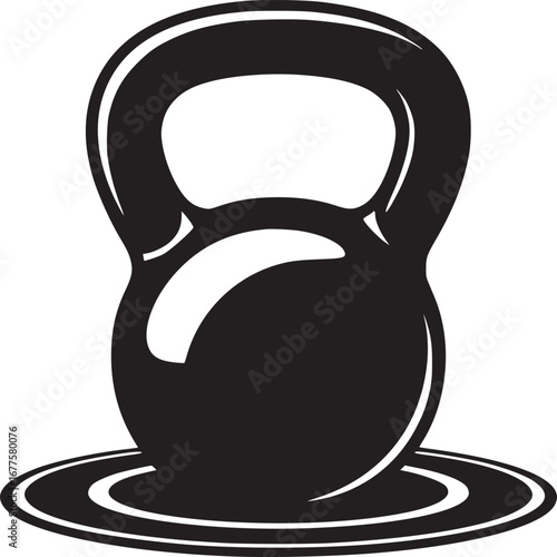 Illustration of a black kettlebell with a handle on a circular base against a white background