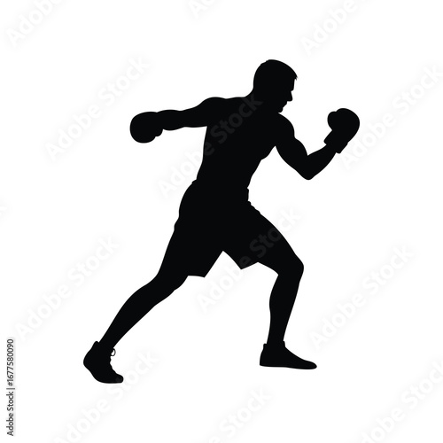 Silhouette of a boxer in mid punch showing power and agility stance, boxer practicing footwork drills silhouette vector illustration