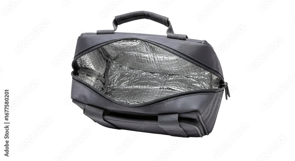 Naklejka premium Gray insulated lunch bag on white background perfect for picnics or work meal, cooler