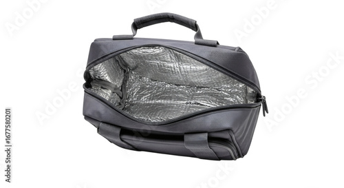 Gray insulated lunch bag on white background perfect for picnics or work meal, cooler