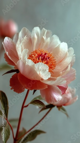 Beautiful Peony Flower in Soft Colors Captured in a Close-Up View With Subtle...
