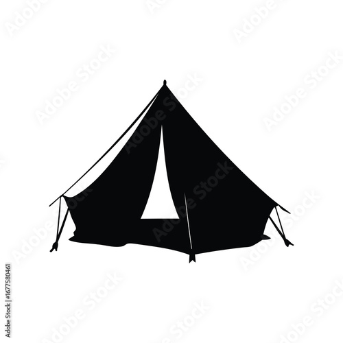 Black and white silhouette of a tent, camping equipment for outdoor adventure, camping tent silhouette vector illustration