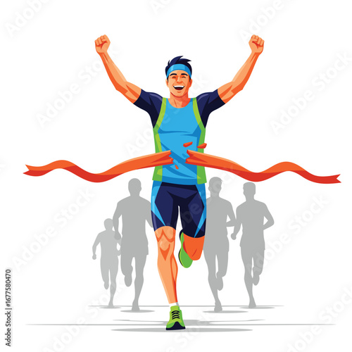 A cheerful marathon runner crosses the finish line, celebrating victory isolated on white background
