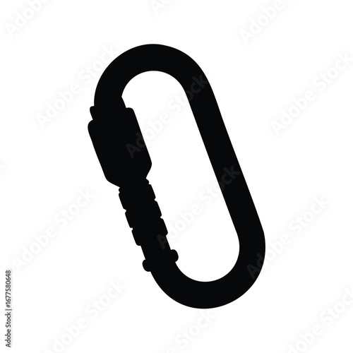Black silhouette of a locking carabiner used for climbing and safety, climbing carabiner silhouette vector illustration
