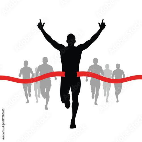 A marathon runner crosses the finish line, celebrating victory isolated on white background