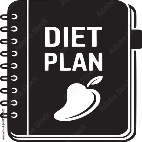 Black diet plan notebook with white text and mango illustration on a white background image