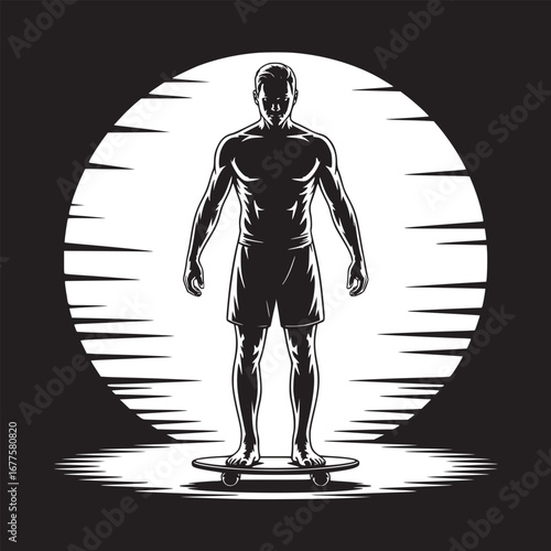Illustration of a man standing on a skateboard against a bright moon in black and white style