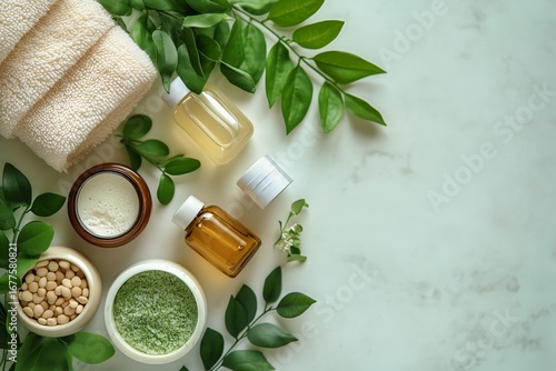 Natural Skincare Products Arranged Beautifully With Greenery and Soft Towels