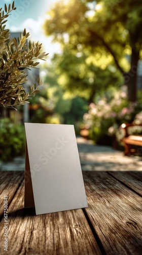 Beautifully Designed Blank Card on Rustic Wooden Table in Vibrant Garden Duri...