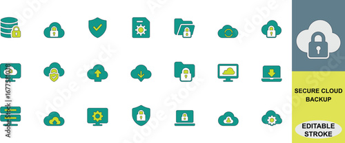 Secure cloud backup icon set designed for data storage, encryption, and online protection. Ideal for projects related to privacy, recovery, hosting, and digital technology.