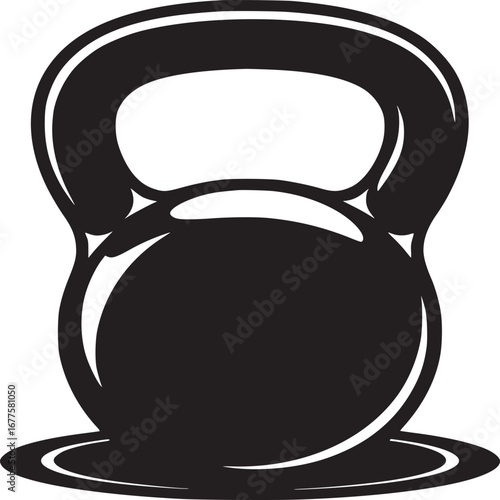 A striking monochrome image of a kettlebell centered on a plain white background with a simple design