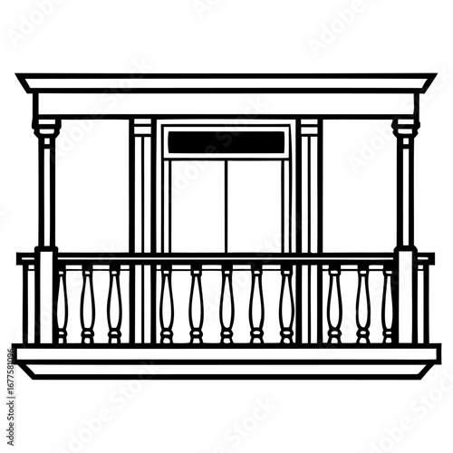 Classic architectural balcony design with columns and balustrade, black and white line art