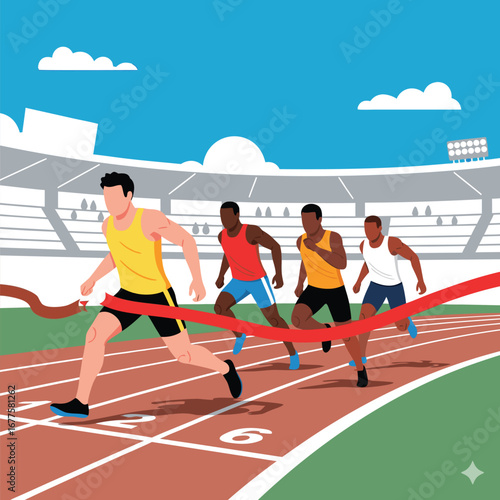A group of athletes are competing in a running race, with one crossing the finish line first