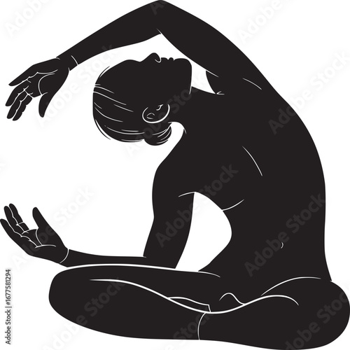 Silhouette of a woman in a seated yoga pose with arms raised and head tilted back in black and white