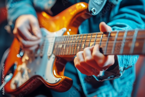 Hands Playing Electric Guitar With Colorful Lighting on Stage During Live Mus...