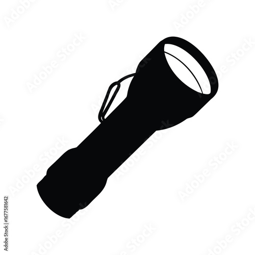 Black and white illustration of a classic flashlight casting light forward, flashlight silhouette vector illustration