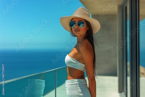 Young Woman in Stylish Outfit Enjoys Ocean View From Modern Balcony