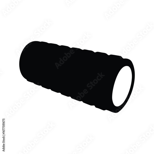 Black foam roller with ribbed texture for muscle recovery and physical therapy, foam roller silhouette vector illustration