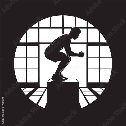 Silhouette of man performing box jump exercise in front of window with circular frame design