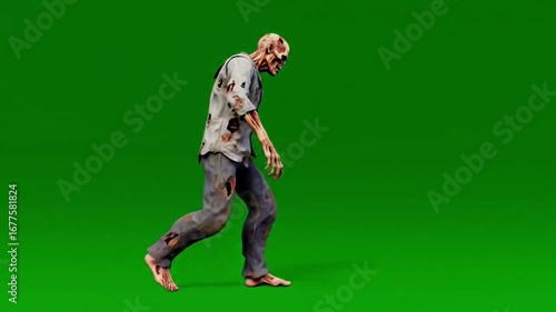 A scary zombie walking slowly with creepy movement, isolated on green screen.