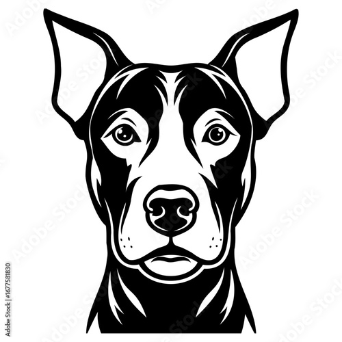 Black and white illustration of dog head with perked ears