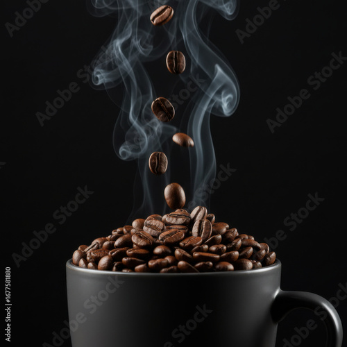 Coffee beans falling into a cup on black background