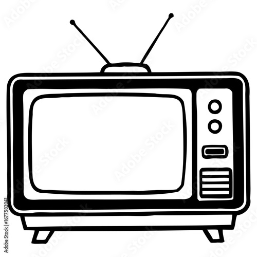 Vintage television set with antenna in line art style