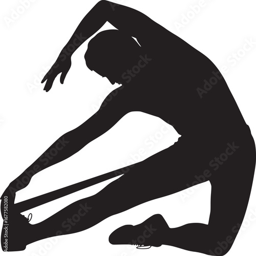 Silhouette of a person stretching with a resistance band in a kneeling position on a white background