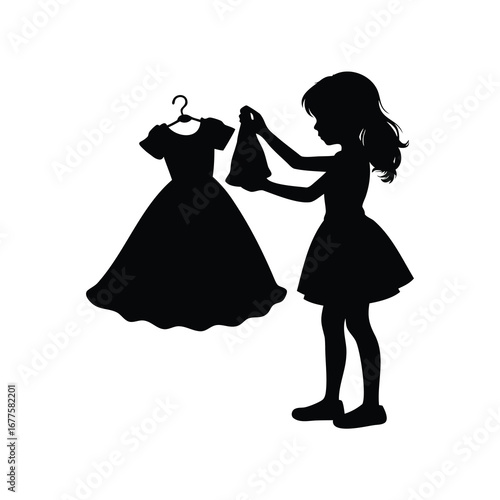Silhouette of a young girl looking at a dress on a hanger, girl trying dress silhouette vector illustration