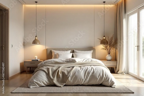 Serene bedroom interior featuring soft lighting, plush bedding, and calming neutral tones  Perfect for relaxation and peaceful sleep ,  grey,  comfort,  soft
