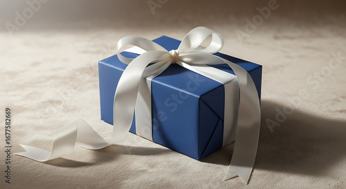 A blue wrapped gift with a white ribbon on a surface