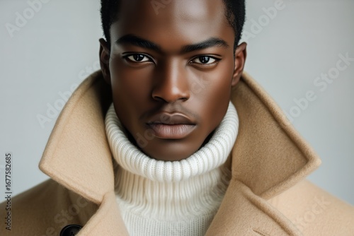 Stylish Young Man in Beige Coat and White Turtleneck Portrait in a Studio Set...