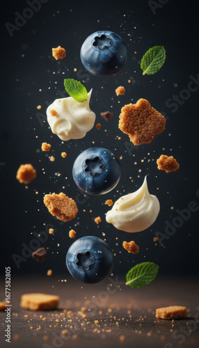 A bunch of blueberries flying in the air