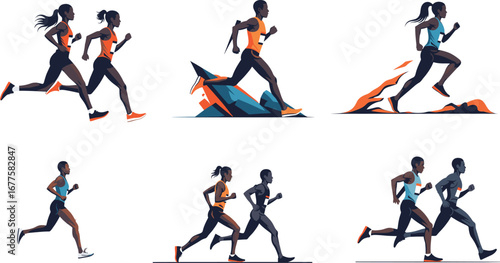 Dynamic running athletes vector illustration showing diverse male and female runners training, exercising, racing, and competing in sports marathon activity
