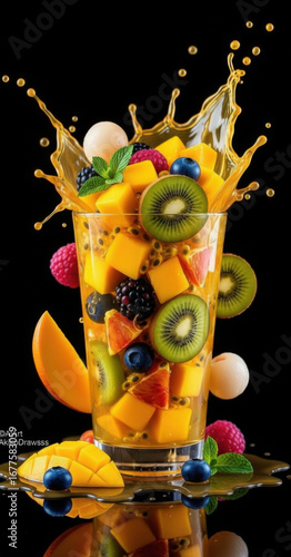 Glass filled with fruit and water on black background