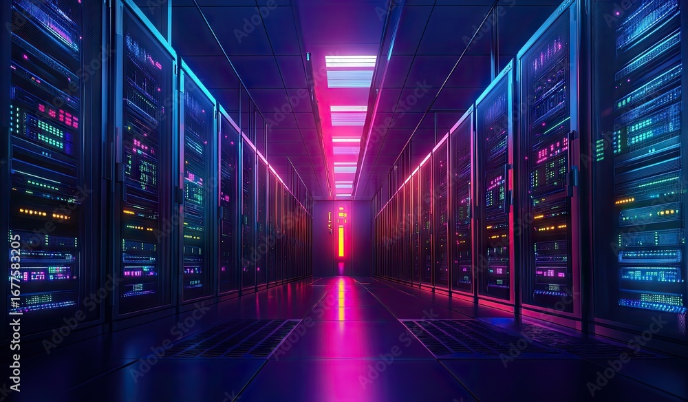 Fototapeta premium Futuristic server room bathed in vibrant neon light