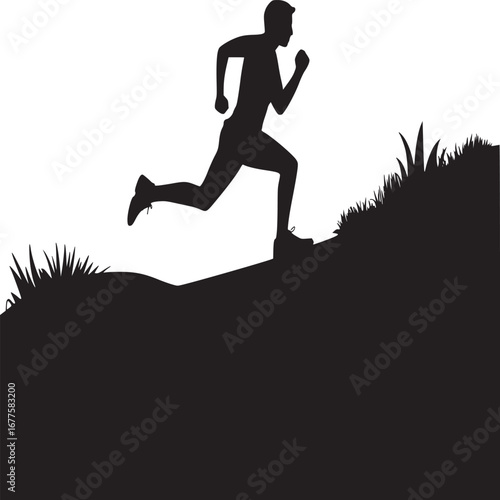 Silhouette of a man running uphill against a white background with grass on the hill in the foreground