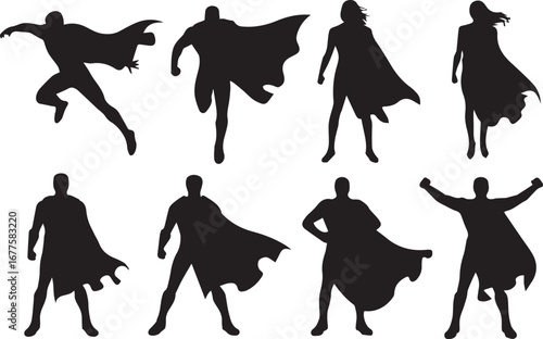 minimal superhero silhouette vector pack featuring eight dynamic cape action poses ideal for branding and presentation
