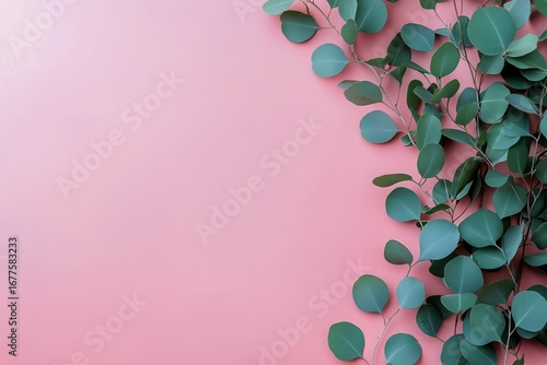 Eucalyptus Leaves Arranged on a Soft Pink Background Creating a Calm and Fres...