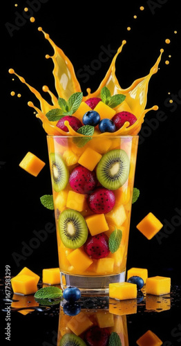 Glass filled with fruit and water on black background