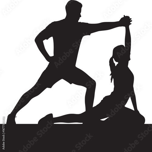Silhouette of man assisting woman in stretching exercise with arm raised in a white background studio